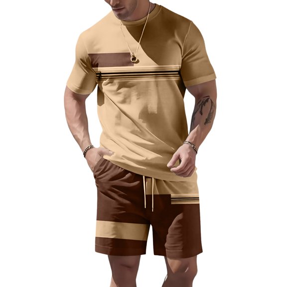 Havenx Men's Summer Beach Outfits 2 Piece Short Sleeve Crewneck Shirts Drawstring Elastic Waist Shorts with Pockets Color Block Sets Summer Vacation Breathable Athletic Wear,Brown 2XL