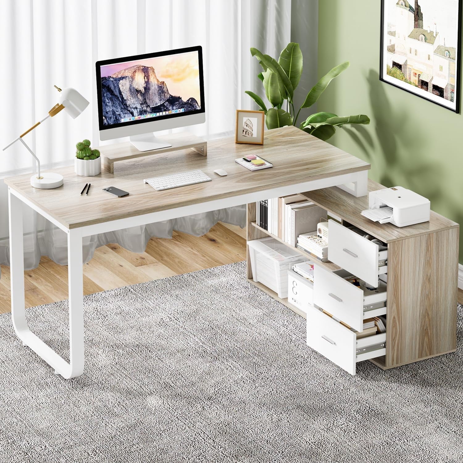 DreamCurship 55 Inch Reversible L Shaped Desk with 3 Storage Drawers, Computer Desk with Shelves and Monitor Stand, Corner Desk for Small Spaces, White and Walnut