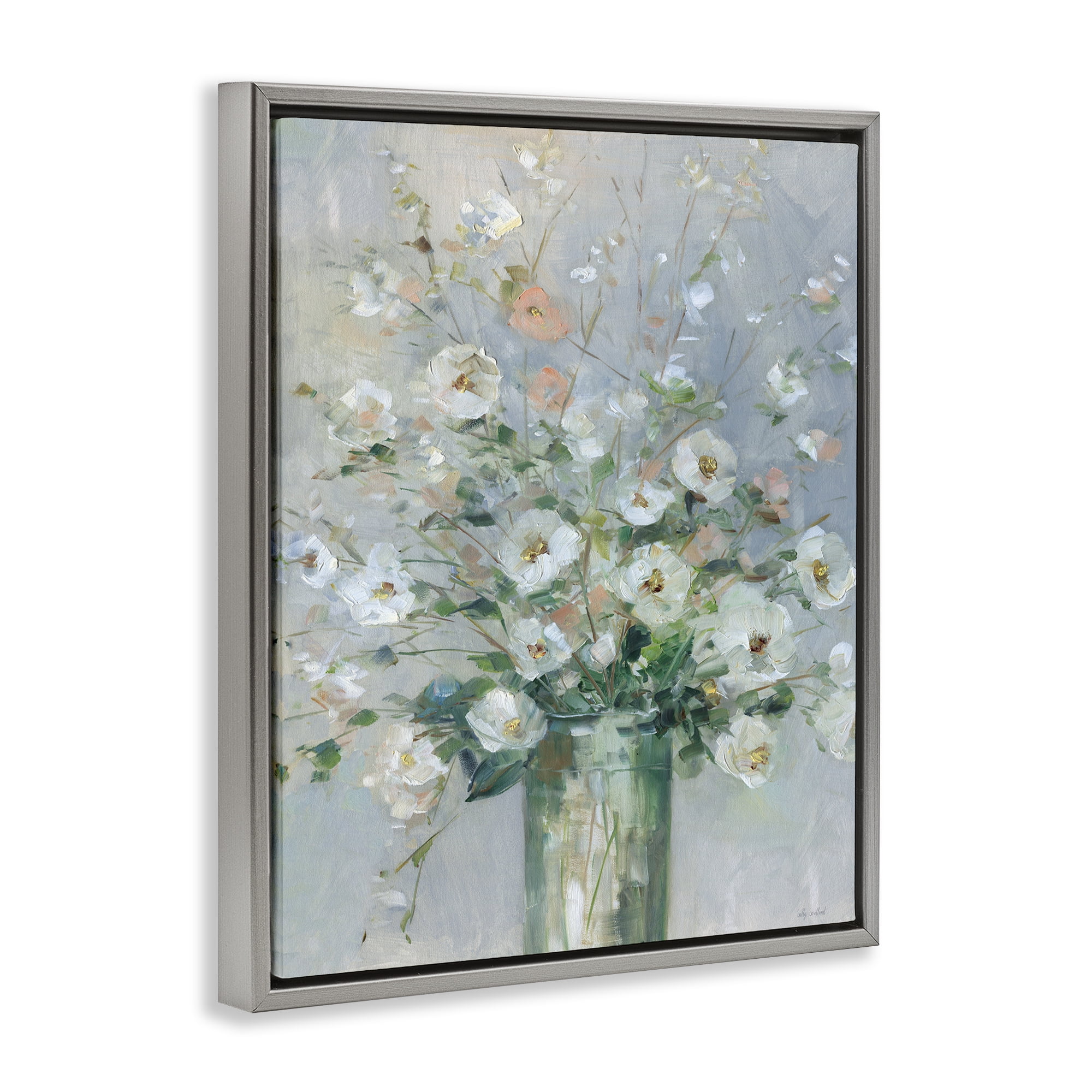Stupell Industries Delicate White Blossoms Impression Gray Framed Floater Canvas Wall Art, design by Sally Swatland