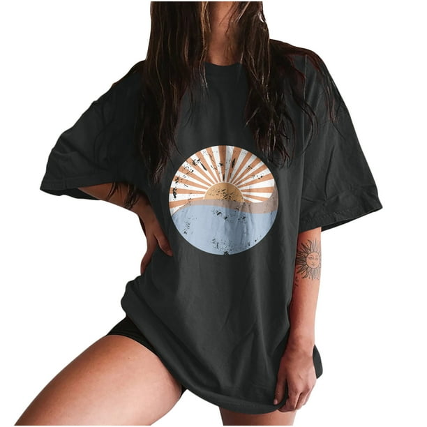Blusa de manga corta con estampado de luna y sol de calavera divertida con mangas caídas vintage para mujer Pompotops hfajkhk124948