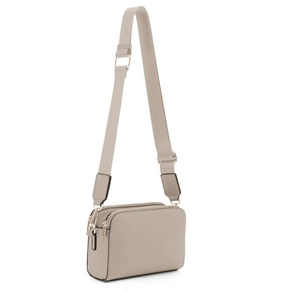 Bandolera EVVE de piel vegana con triple cremallera, cámara pequeña, color topo