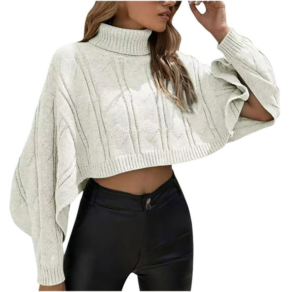 Cropped Sweaters for Women Turtleneck Long Sleeve Chunky Cable Knit Sweater Casual Soft Pullover Jumper Tops