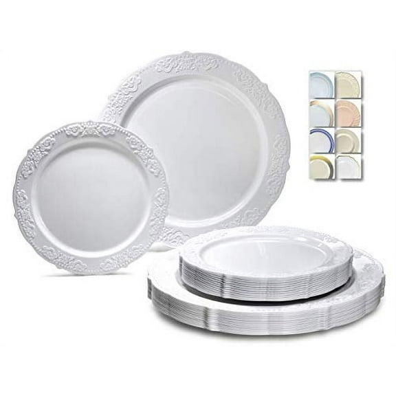 " OCCASIONS " 240 Plates Pack,(120 Guests) Vintage Wedding Party Disposable Plastic Plates Set-120x10.25'' Dinner 120x7.5'' Salad/Dessert Plate (Portofino Plain White)