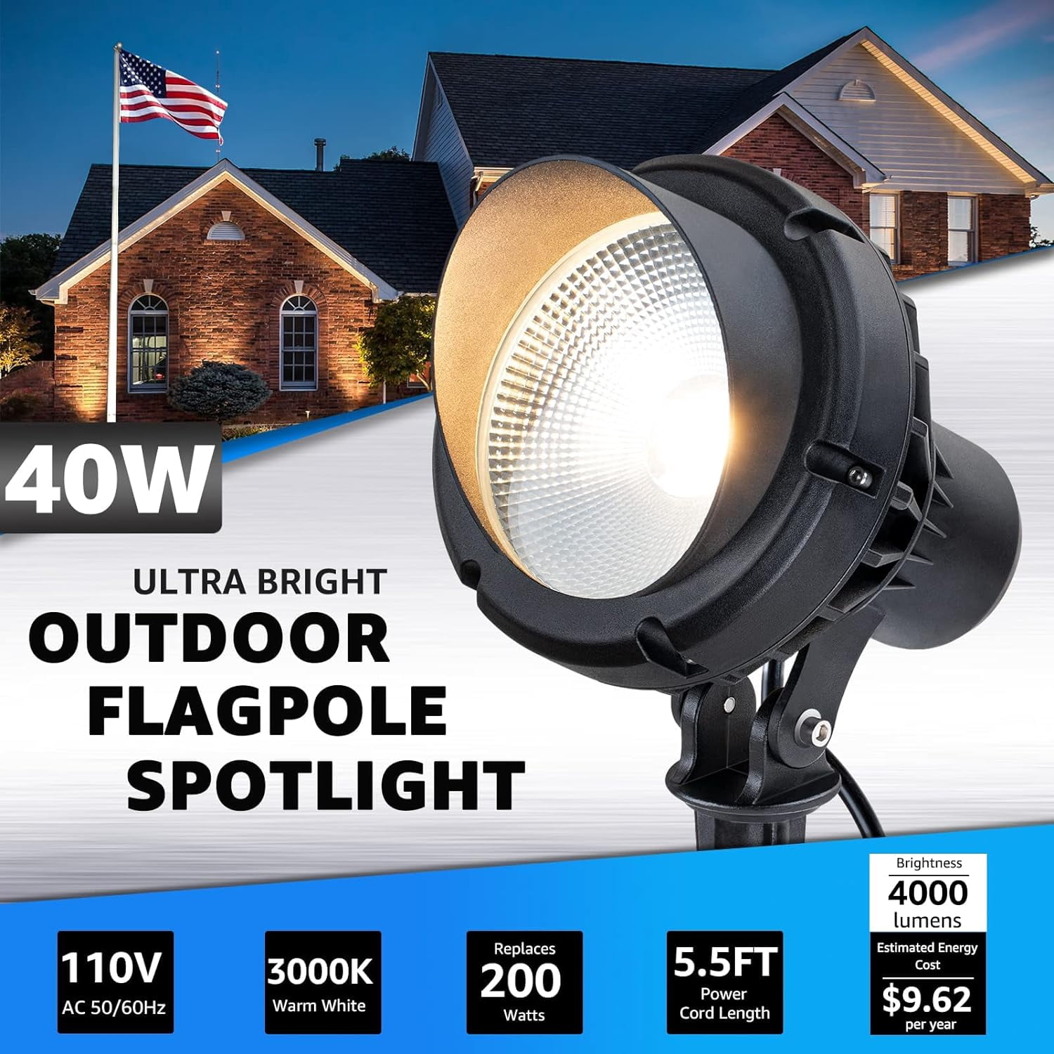 SUNVIE 40W Spotlights Outdoor 120V LED Plug in 4000LM Flag Pole Light 3000K Warm White Landscape Lighting for Yard House Tree Lawn Signage