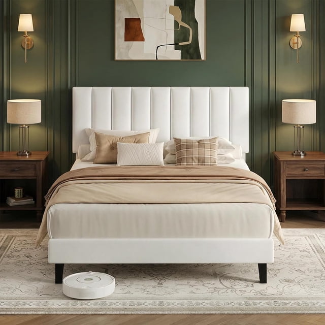 Full Size Bed Frame, Velvet Upholstered Platform Bed with Adjustable Vertical Channel Tufted Headboard, No Box Spring Needed, Easy Assembly, White
