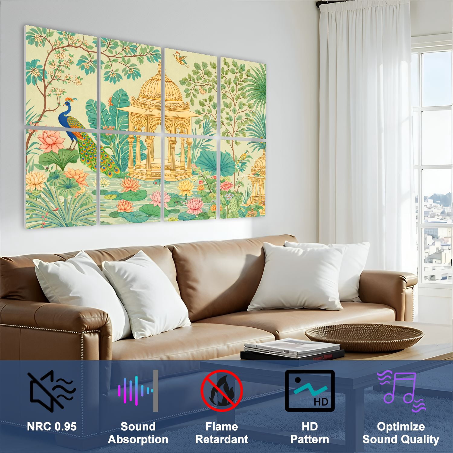 8 Pack Art Acoustic Panels Sound Absorbing Traditional Mughal garden peacock arch temple lotus bird Decorative Soundproof Wall Panels Self Adhesive for Nursery Game Room Bedroom 48"x32"