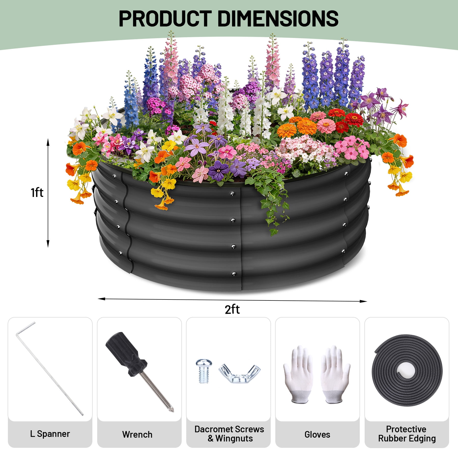 Garvee 2 Pcs Round Metal Raised Garden Bed, Galvanized Steel Planter Box, 2x2x1 FT Open-Bottom Outdoor Garden Bed with Safety Rubber Edging, Easy Assembly for Vegetables, Flowers, Herbs, Grey