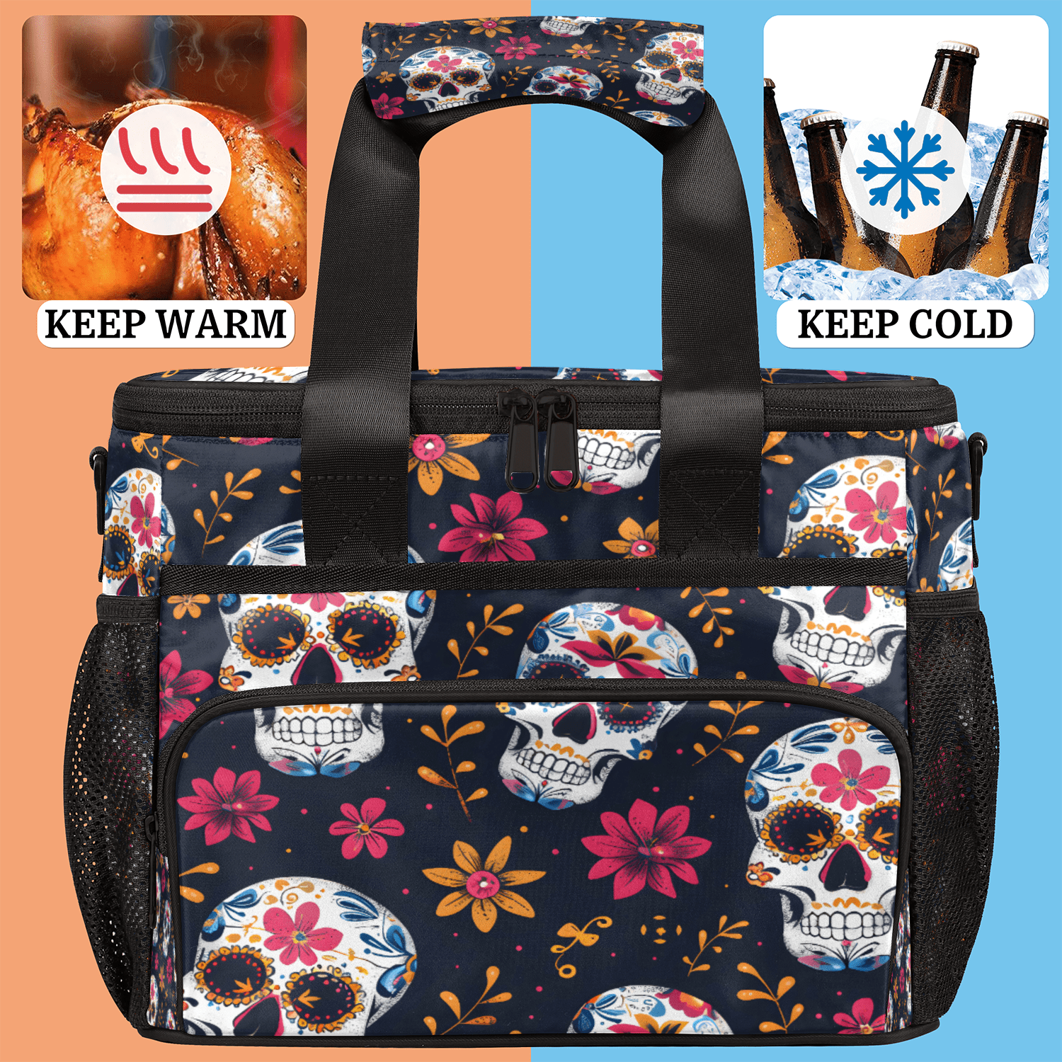 Herdesigns Sugar Skull Flowers Large Lunch Box for Adults Women Men with Adjustable Shoulder Strap, Insulated Reusable Lunch Bag Leakproof Cooler Tote Bag