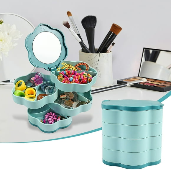 Caja giratoria organizadora de joyas para mujer - Caja de almacenamiento de joyería de viaje de 4 niveles con tapa para pendientes, anillos, pulseras y collares