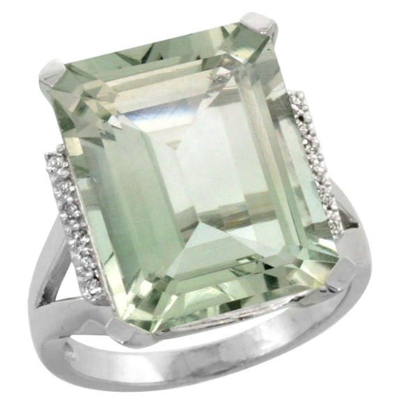 14K White Gold Diamond Natural Green Amethyst Ring Emerald-cut 16x12mm, size 6.5