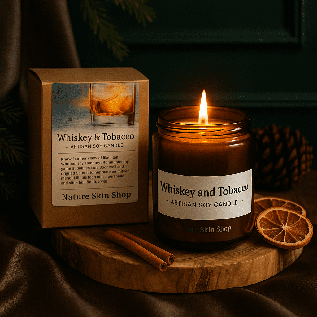 Nature Skin Shop Whiskey & Tobacco Soy Candle – Clean-Burning Wood Wick Candle with Warm Amber, Musk & Vanilla Notes – 8 oz Jar – Modern Home Fragrance