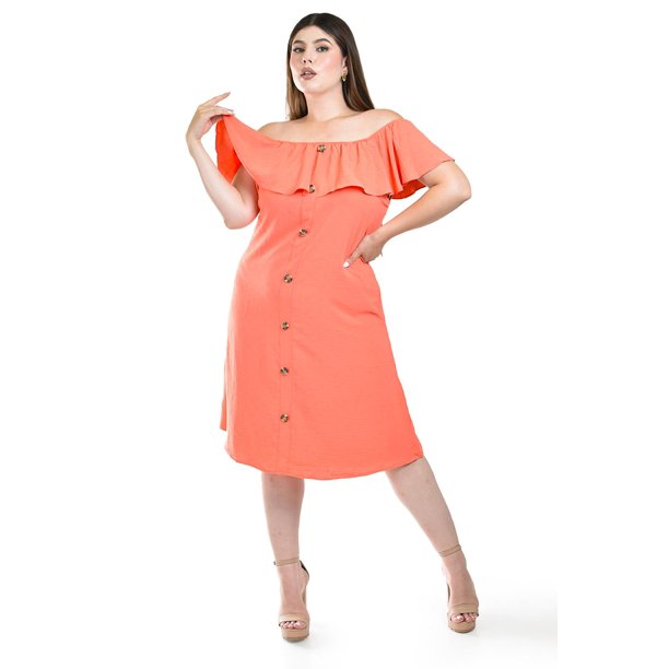 Vestido campesino con botones Roman Fashion /Tallas Extras, 006 (Coral) coral 36