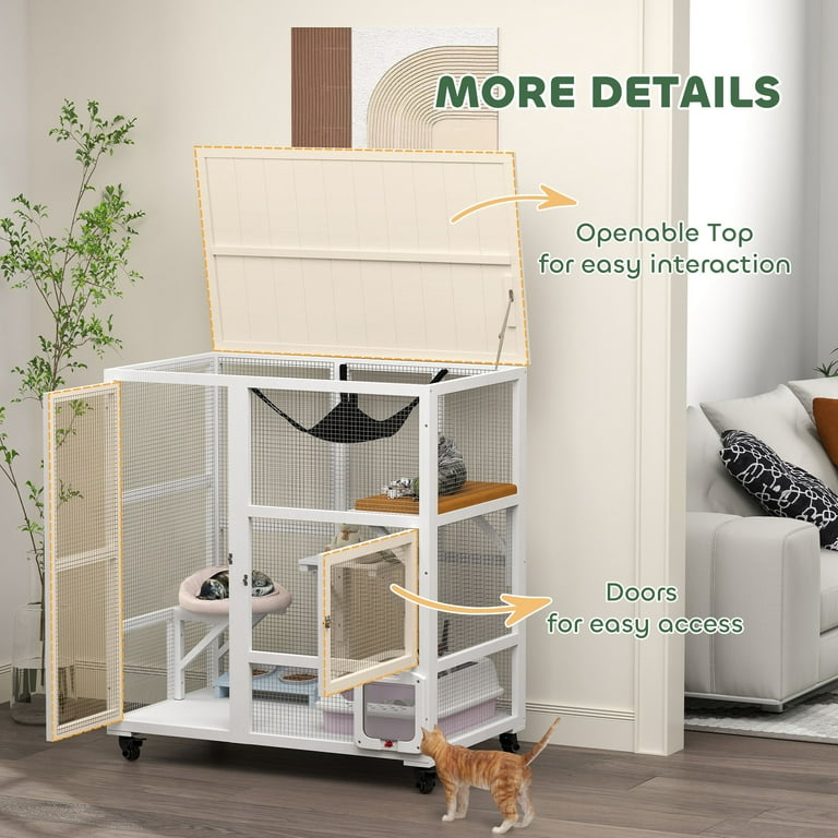 PawHut Indoor Wooden Catio, Cat House Cat Enclosure on Wheels with PawHut Indoor Wooden Catio, Cat House Cat Enclosure on Wheels with