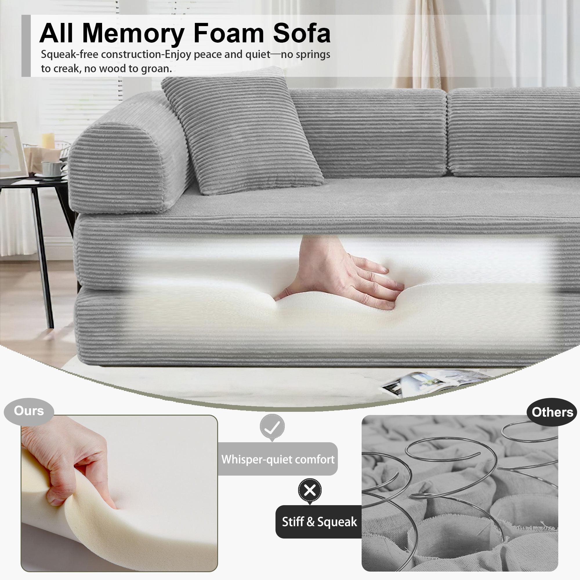 78" Boneless Convertible Sleeper Sofa Bed, Holaki Corduroy Compression Folding Sofa with Pillow & 3 Seat, Fixed-Shape Frame, Floor Sofas Lounge Couch for Living Room Bedroom Apartment, Light Gray