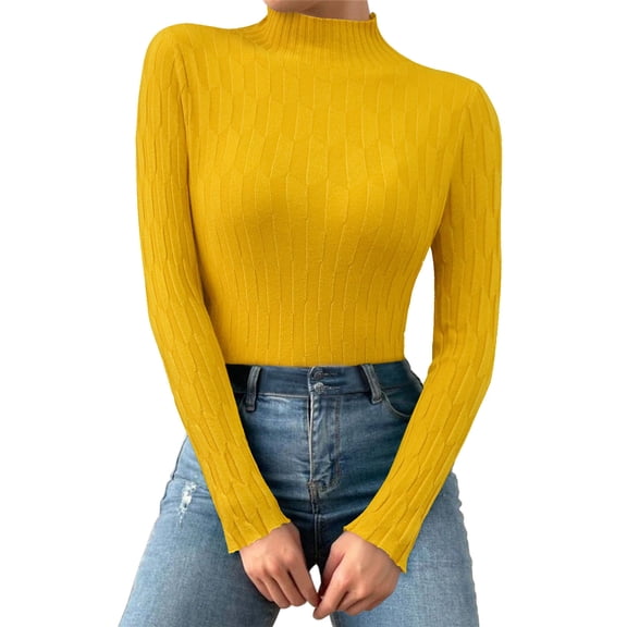 TRUBKH Fall Outfits for Women Turtleneck Sweater Long Sleeve Fall Casual Sweater Seamless Knit Wool Blend Sweater Pullover Top Drop Shoulder Sweaters Outfits for Women Yellow One Size