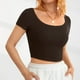 thumbnail image 3 of Top de manga corta con cuello redondo para mujer, camisa de punto acanalada de Color puro, elegante, a la moda, ajustada, para trabajo de oficina, 3 of 5