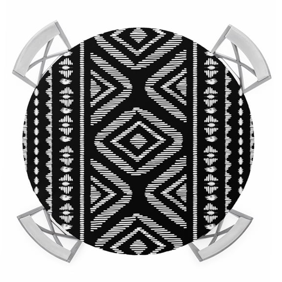 Black Boho Geometric Round Tablecloth for 36-44 Inch Tables, Fitted Table Cover with Elastic Edge, Vintage Southwestern Stripes Waterproof Outdoor Table Cloth Protector for Patio Garden Dinner Picnic
