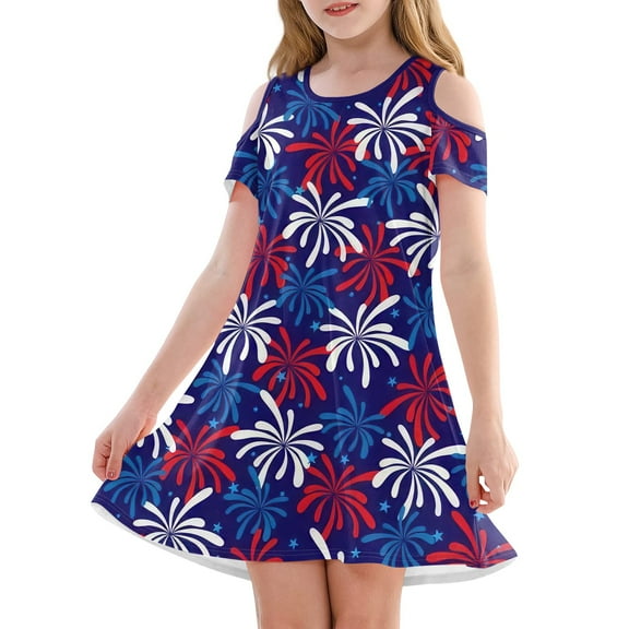 Abcomgle Girls Cold Shoulder Summer Dress Kids Red White and Blue Firework Printed 4th Of July Dresses Casual A-Line Cold Shoulder Midi Dress Cute Beach Independence Day Skirt 7-8 Years
