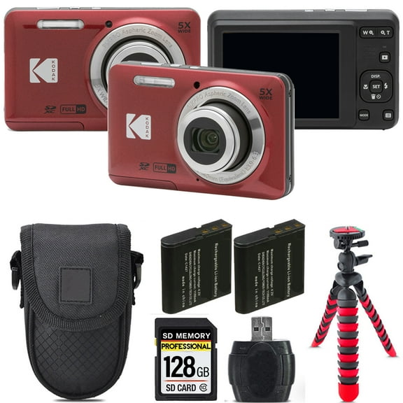 Kodak PIXPRO FZ55 Digital Camera (Red) Extra Battery Tripod Case -128GB Kit