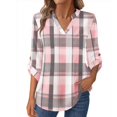 thumbnail image 3 of Blmnix Holiday Shirts for Women Pullover Cotton Linen Checkered T-shirt 3/4 Sleeve V-Neck Pink Country Tops for Women,XL, 3 of 4