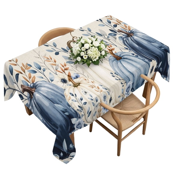 Waterproof Tablecloth Thanksgiving White Blue Pumpkin Rectangle Table Cloth 60x120in,Wipeable Washable Table Cover Fall Flower Leaves Burlap Tablecloths for Dining Tables Kitchen Picnic Party