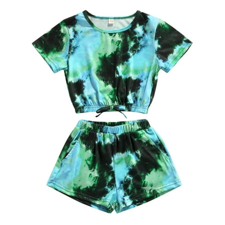 

Canrulo 2PCS Kids Girls Tied-Dye O-Neck Short Sleeves T-Shirt Elastic Waist Shorts Blue Green 4-5 Years