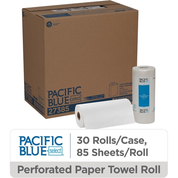Pacific Blue Select 2-Ply Perforated Roll Paper Towel, White, 85 Sheets Per Roll, 30 Rolls Per Case, 27385