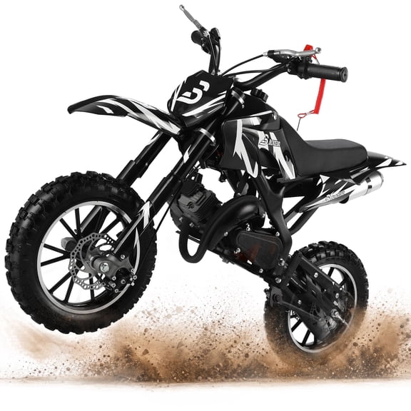 49cc 2-Stroke Kids Dirt Bike, Gas Powered Mini Dirt Bike for Boys and Girls 5-13, Motorcycle with 25mph Max Speed, 2.5-10" Off Road Tires, Front and Rear Suspension & Dual Disc Brakes, Black