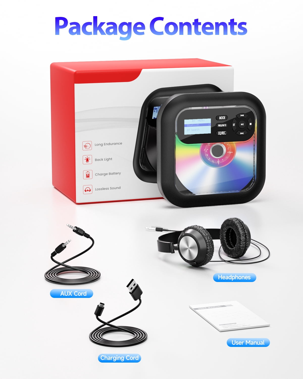 ARAFUNA Portable CD Player Bluetooth with Speakers and Rechargeable, Bluetooth CD Player Portable with Headphones Support FM & AUX Connection