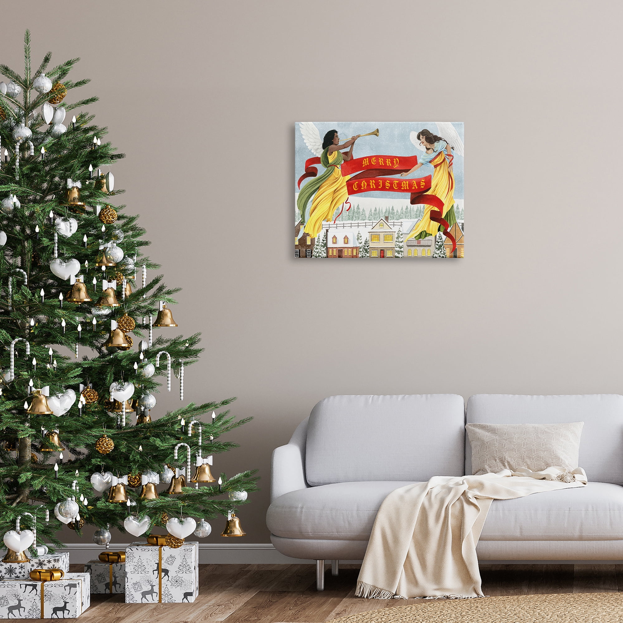 Herald Angels Christmas Banner Above Wintery Town Inspirational Graphic Art Gallery-Wrapped Canvas Print Wall Art