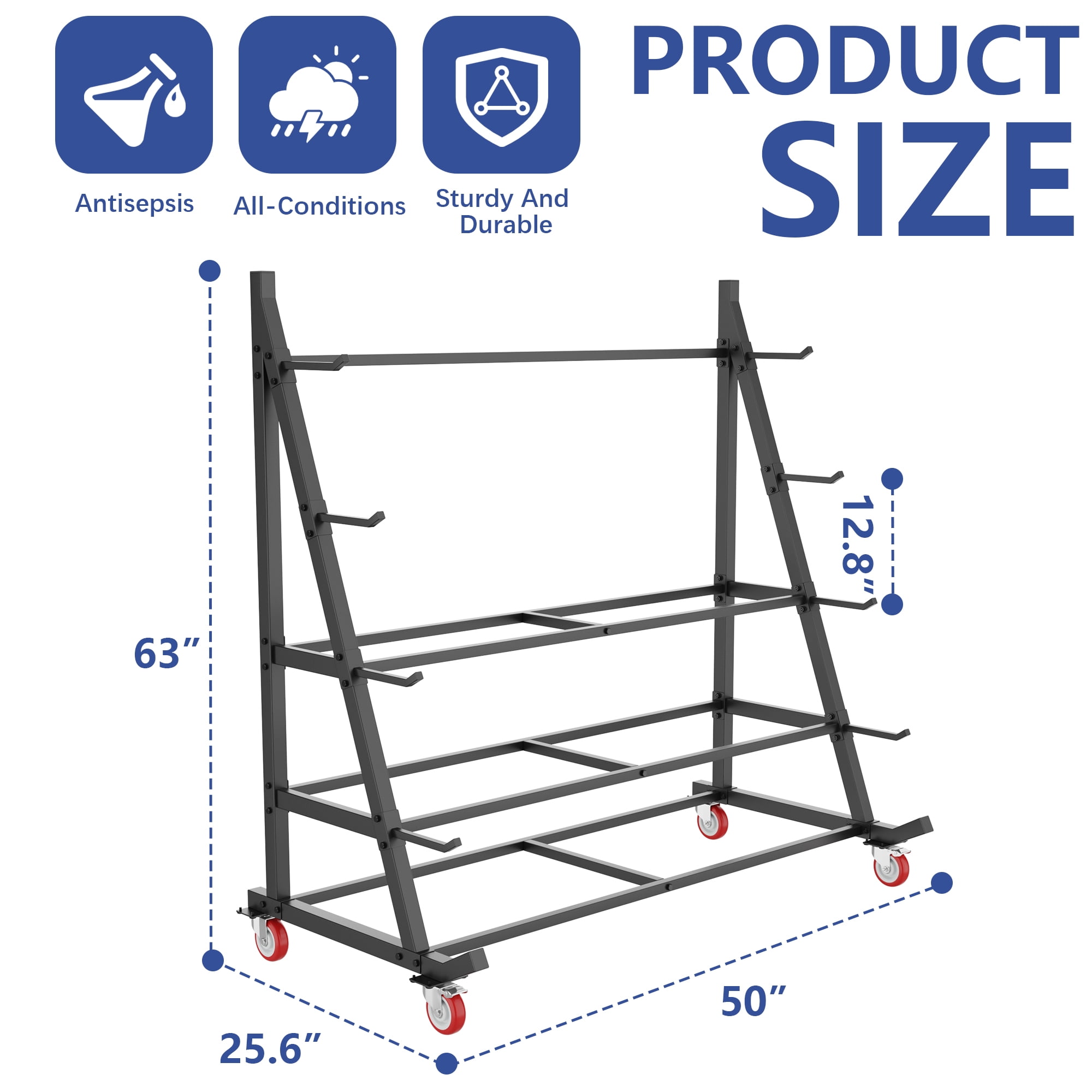 Heavy Duty Lumber Storage Rack, Horizontal Alloy Steel Pipe & Wood Rack with Wheels - 5-Tier Mobile Garage Workshop Organizer (50”W x 25.6”D x 63”H)