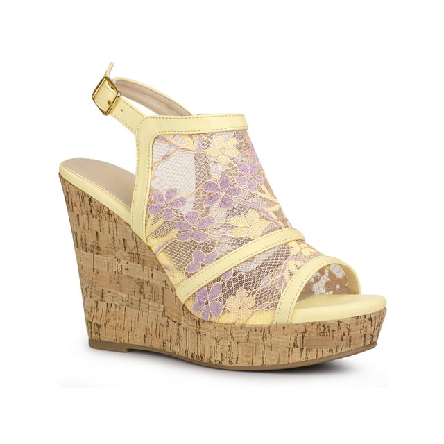 BLISSFUL STEP Chaussures pour Femmes Sandales à Talon Compensé à Bout Ouvert à Plateforme avec Lacets Jaune Violet 6
