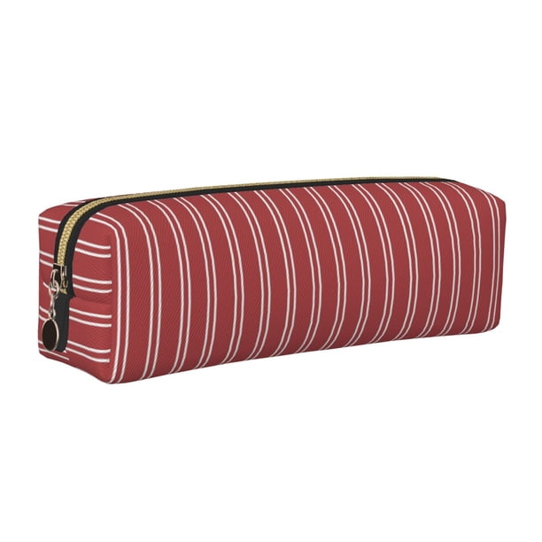 Balery Stripes Red White Estuche de Lápices de Cuero Impreso, Estuche para Suministros de Arte, Estuche de Lápices con Cremallera, Estuche de Almacenamiento de Papelería