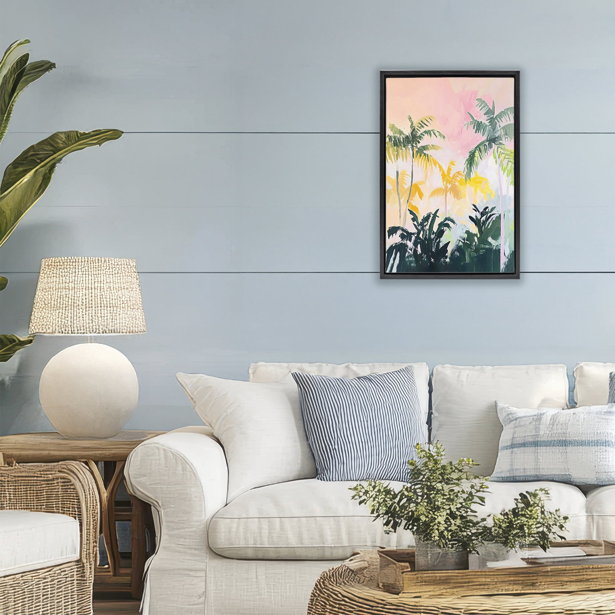 Stupell Industries Pastel Palms in Morning Glow Black Framed Floater Canvas Wall Art, design by The Prints Vibe