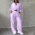 thumbnail image 2 of vigerkar Linen Two Piece Set Women Pants Casual Outfits Wide Leg Pants Long Sleeve Button Down Shirt Lounge Streetwear Sets Light Purple, L, 2 of 9