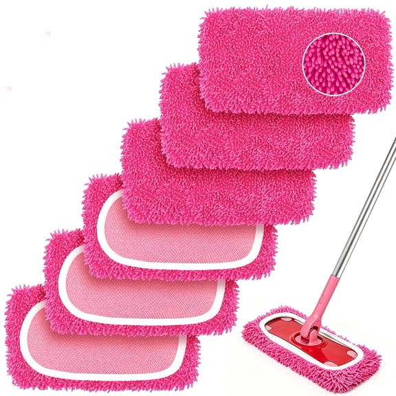 ZenClean Reusable Microfiber Mop Pads 6 Pack Compatible with SwifferSweeper Mop for Wet & Dry Floor Cleaning (Pink)