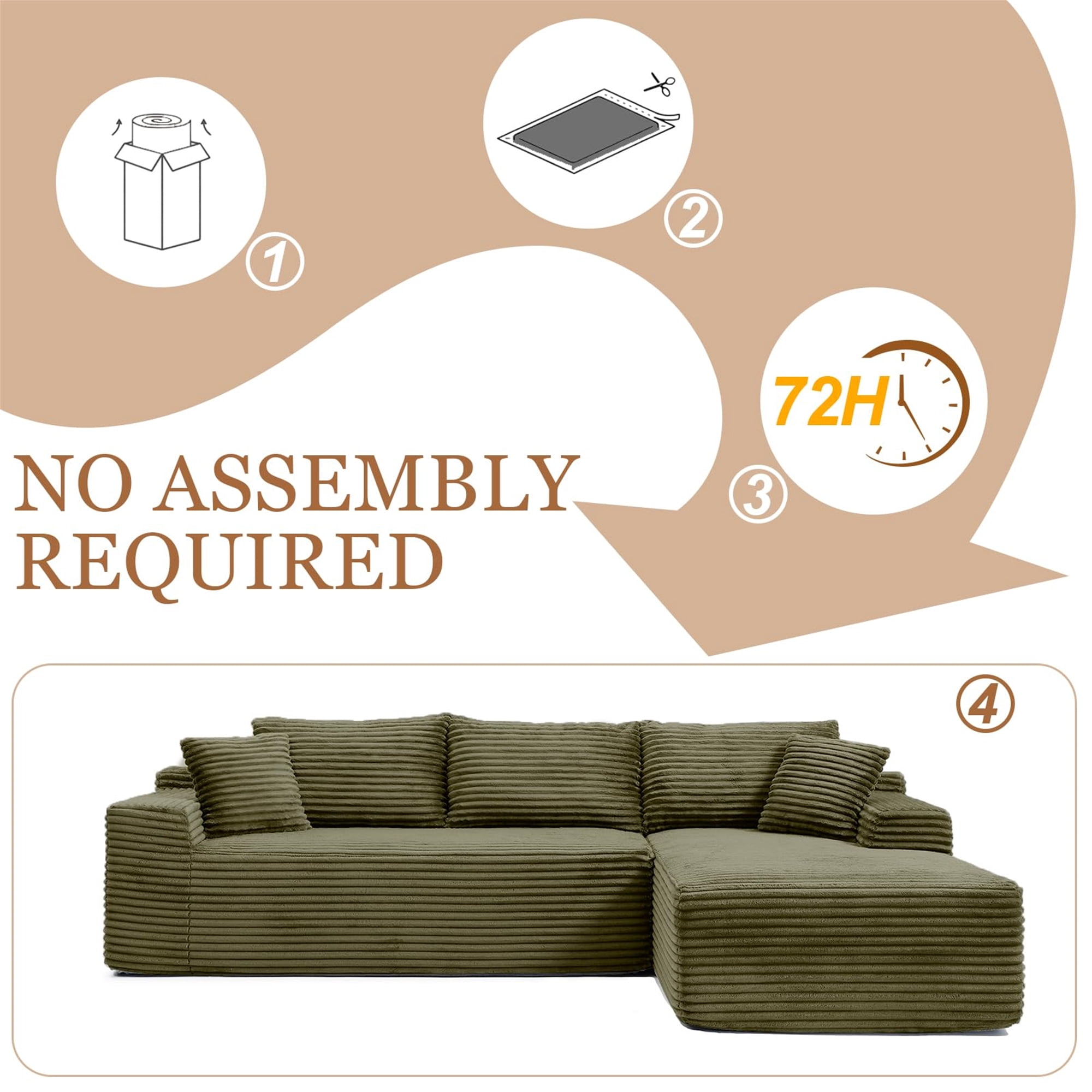 Aukfa 105" Cloud Sectional Sofa Boneless Couch Modular Sofa Bed for Living Room, 2Pillows, Right Chiase, Corduroy, Green