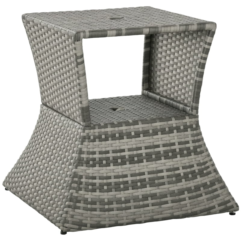 HOQBN Outdoor Side Table with Umbrella Hole, 2 Tier Rattan Wicker End Table with Storage Shelf, All Weather for Patio, Garden, Backyard, Mixed Gray