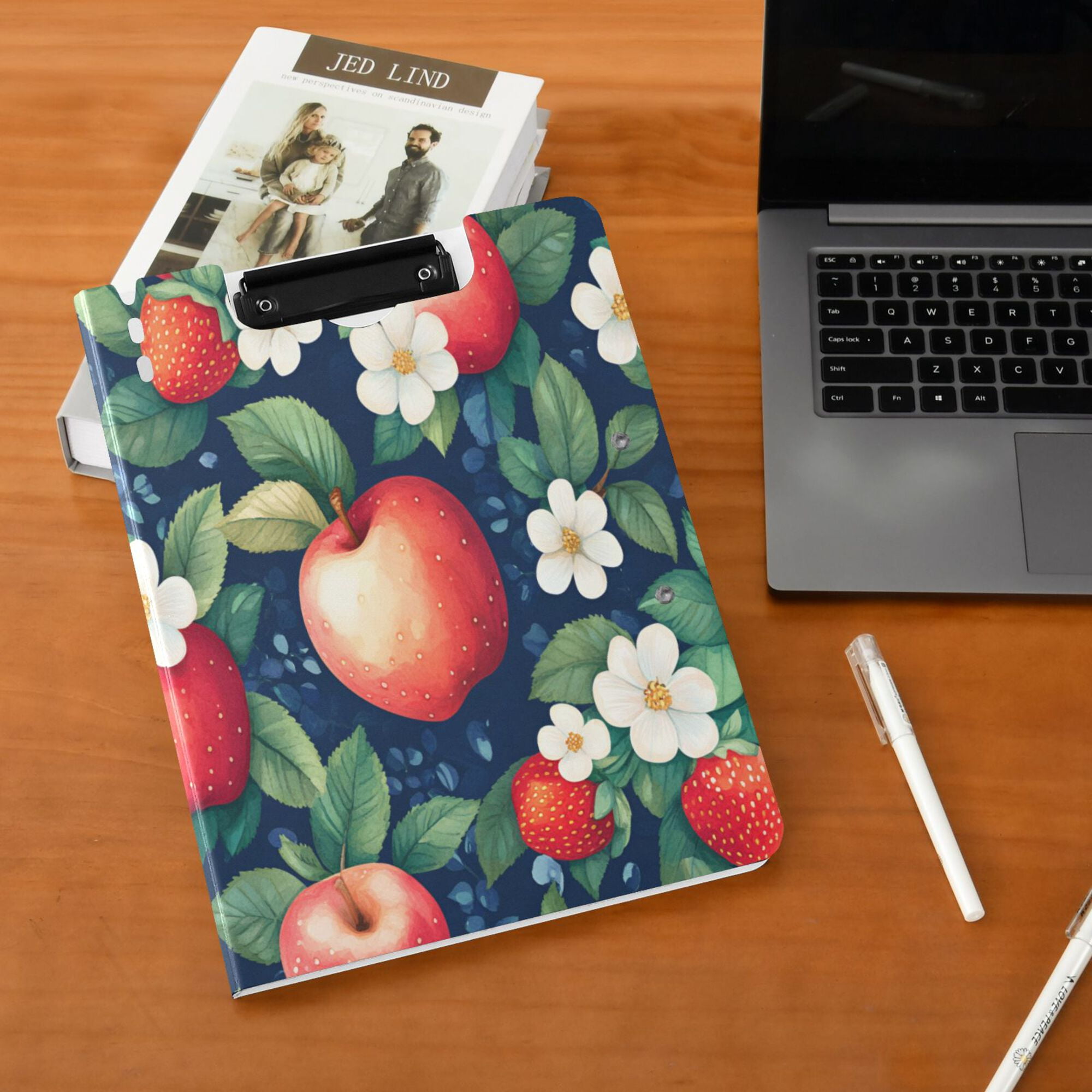 FORMRS A4 Clipboard Folder with Pen Holder Horizontal Foldable School Office Binder, Blue Apple Pattern
