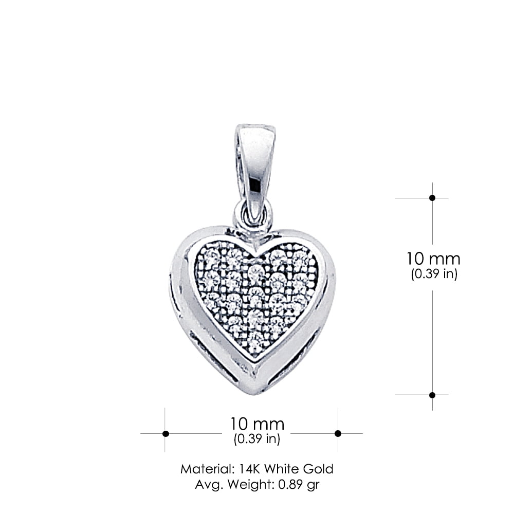 14K White Gold Heart Cluster Cubic Zirconia CZ Charm Pendant with 1.3mm Flat Open Wheat Chain Necklace