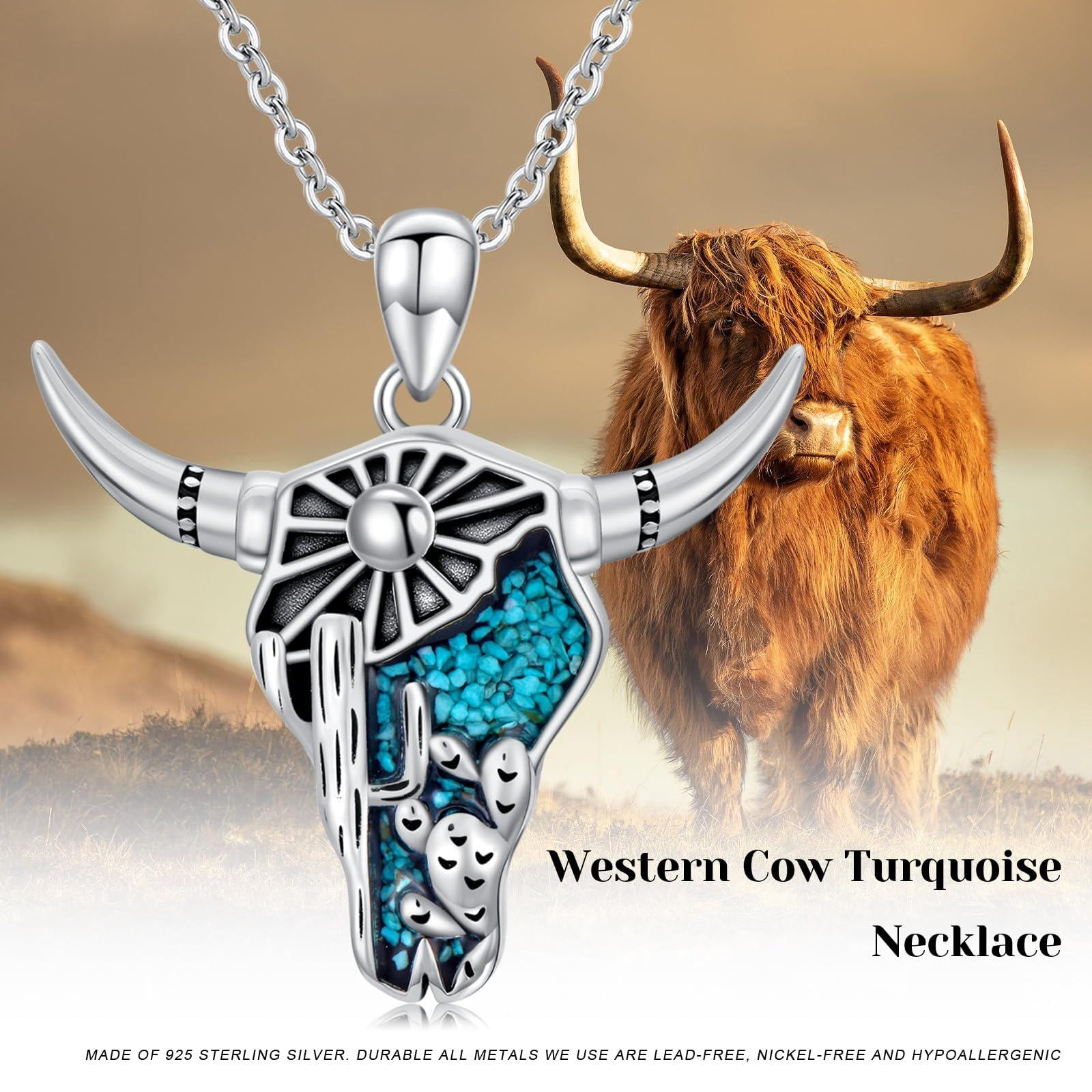 Coachuhhar Western Cow Skull Necklace 925 Sterling Silver Cactus Turquoise Pendant Necklace Jewelry Country Mothers Day Gifts for Mom Women