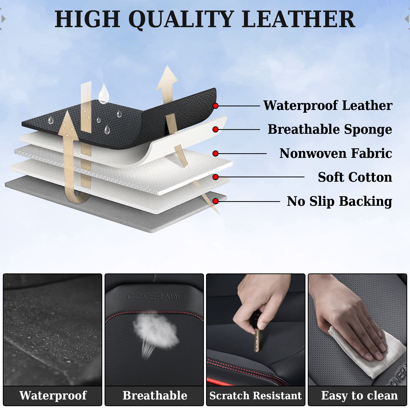 Coverado Front Seat Covers for Car, Premium Leather Seat Protectors with Lumbar Support, Waterproof Auto Cushions Universal Fit for Most Cars, Black&Red