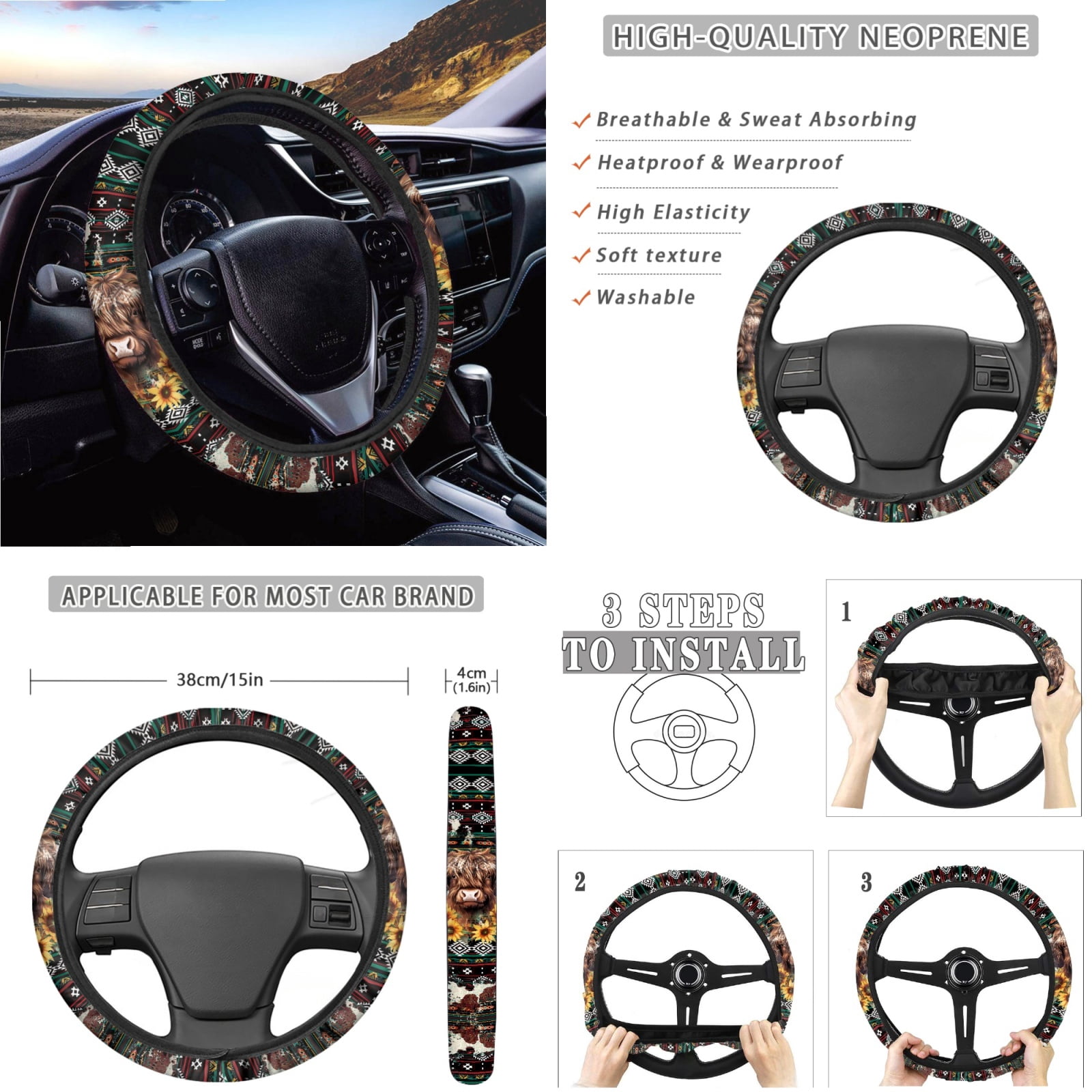 Renewold American Tribal Highland Cow 14 PCS Car Seat Cover Full Set, with Steering Wheel Cover Auto Seatbelt Pads Coaster Trash Can Rear View Mirror Armrest Cover Coasters Gear Shift Knob Cover Set