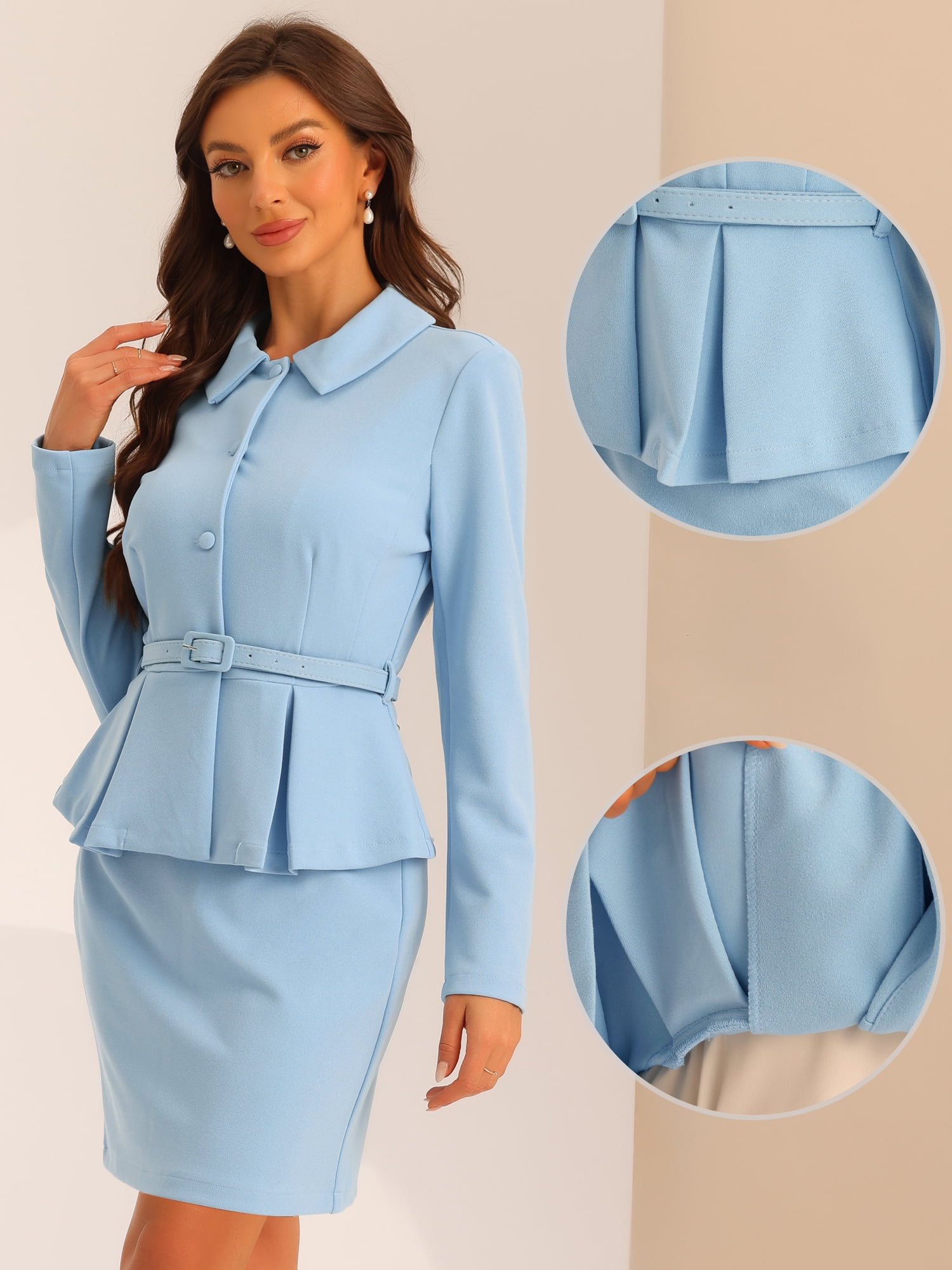 DARING DIVA 2Pcs Women's Business Peplum Blazer Jacket Mini Pencil Skirt Set L Light Blue