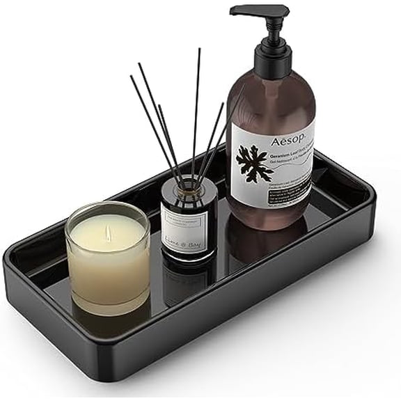 8" Ceramic Kitchen Soap Tray - Small Rectangular Vanity Tray for Bathroom - Countertop and Vanity Tray - Comestic Holder Bathtub Organizer - Bathroom Tray, (Black, Set/1)