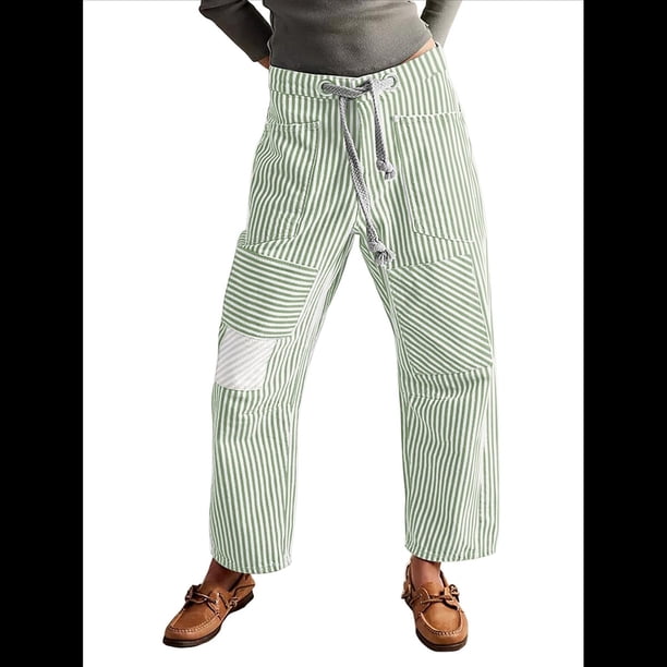 Jeans para Mujer Y2k con Rayas, Cordón Ajustable, Cintura Alta, Rectos, Pierna , Estilo Boyfriend, Pantalones Vaqueros Mom. Verde M