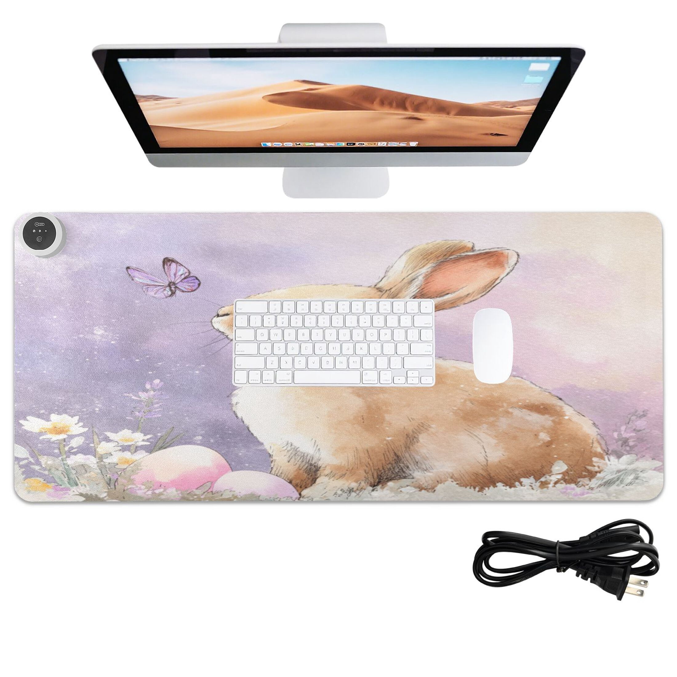 Large Heated Desk Mat Mouse Pad 31.5"x13"PU Leather Graphene Heating Desk Warmer with 3 Temperature Settings 110V US Plug Non-Slip Warm Pad for Home, Office, and Gaming Bunny with Purple Butterfly