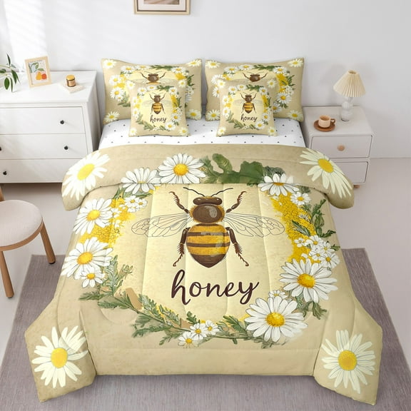 Manfei Sweet Bee Honey 7-Piece Twin Bedding Sets,Cute Daisy Flower Bedding Comforter Set,Rustic Floral Sheet Sets For Kids Teens,Microfiber Bedroom Decor Reversible