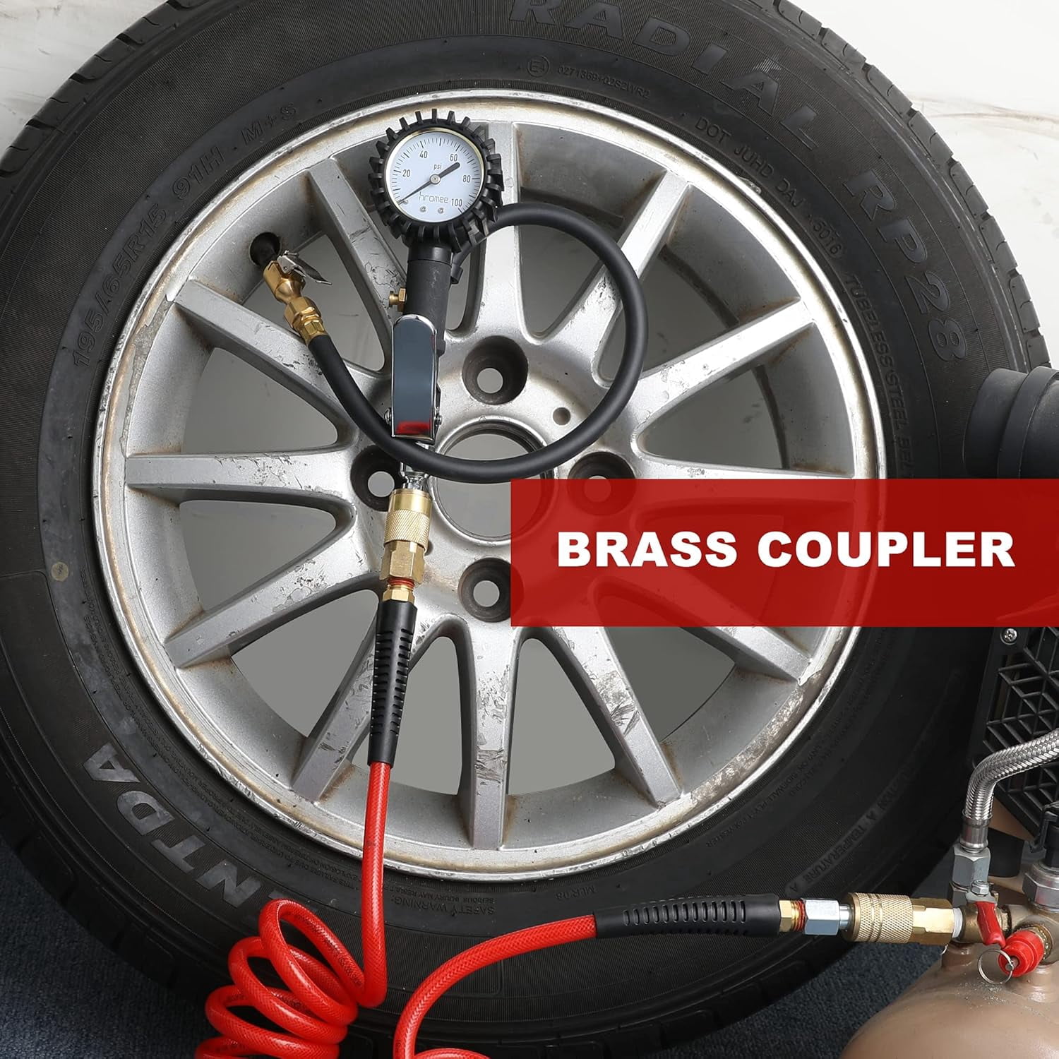 1/4-Inch x 10ft Polyurethane Recoil Air Hose with Fittings Compressor Hose with 1/4 in. Industrial NPT Coupler and Plug Kit, Red