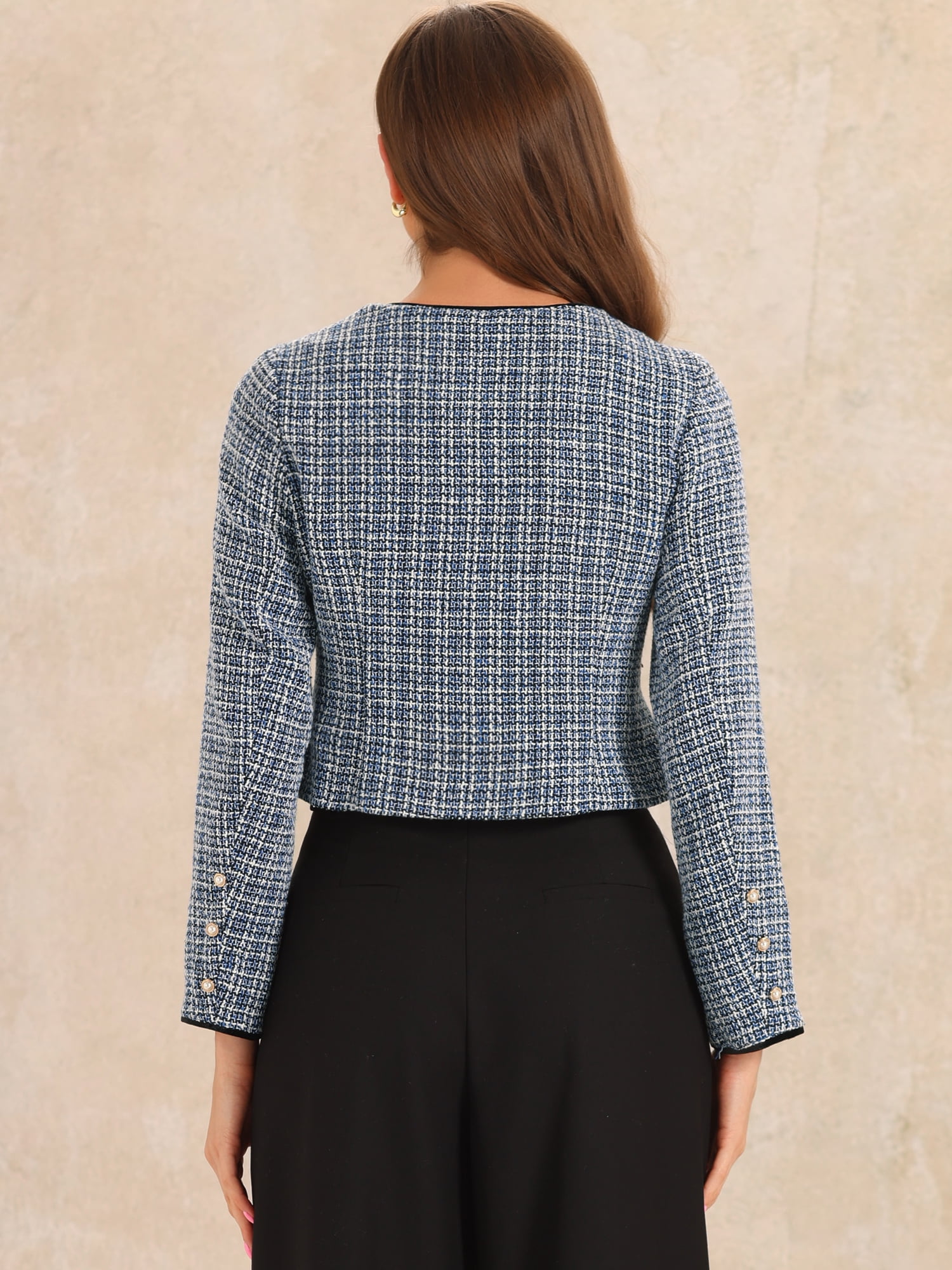 DARING DIVA Tweed Jacket Round Neck Button Front Closure Long Sleeve XS Blue White